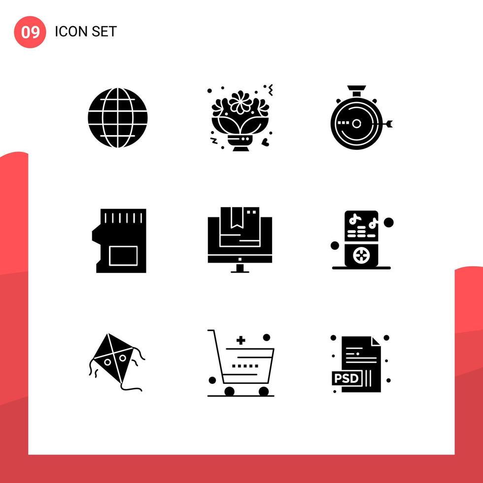 pacote de 9 sinais e símbolos de glifos sólidos modernos para mídia impressa na web, como data sd rosas sd card release editable vector design elements