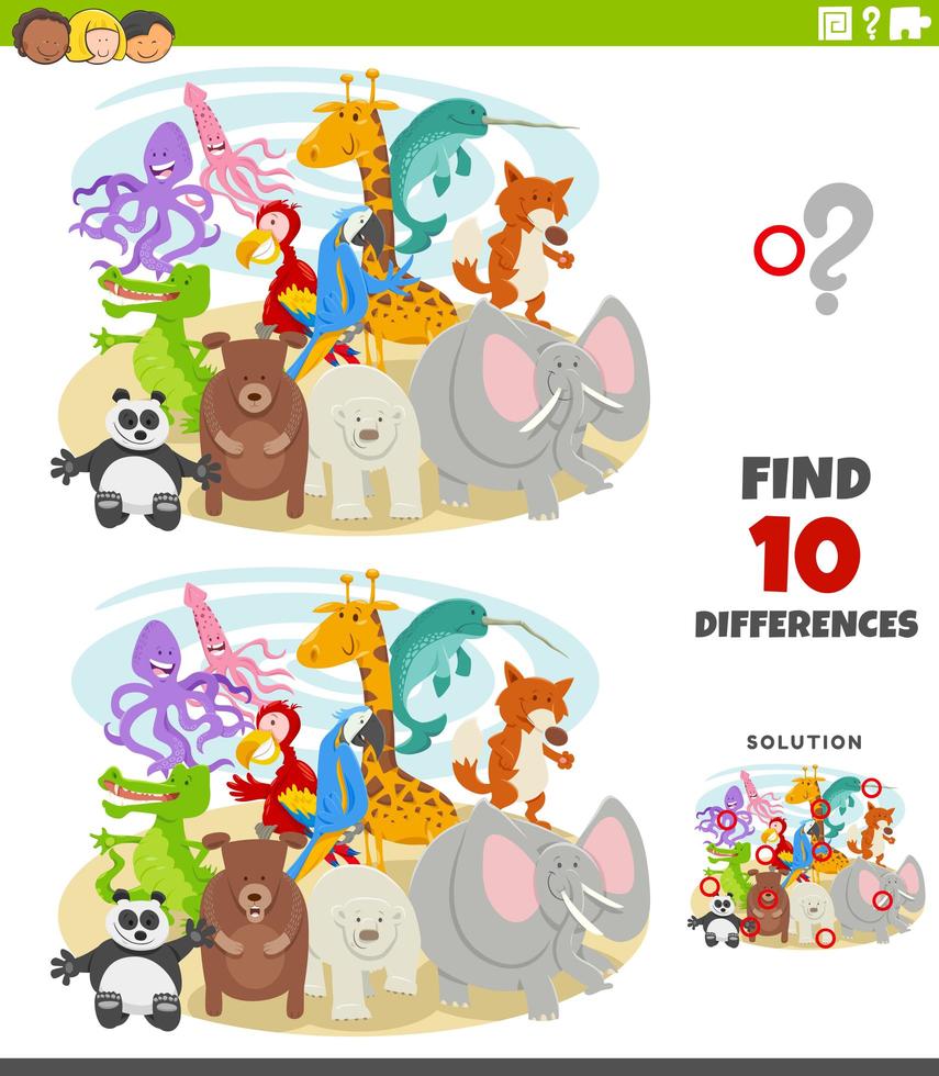 diferenças jogo educativo com personagens de animais selvagens vetor