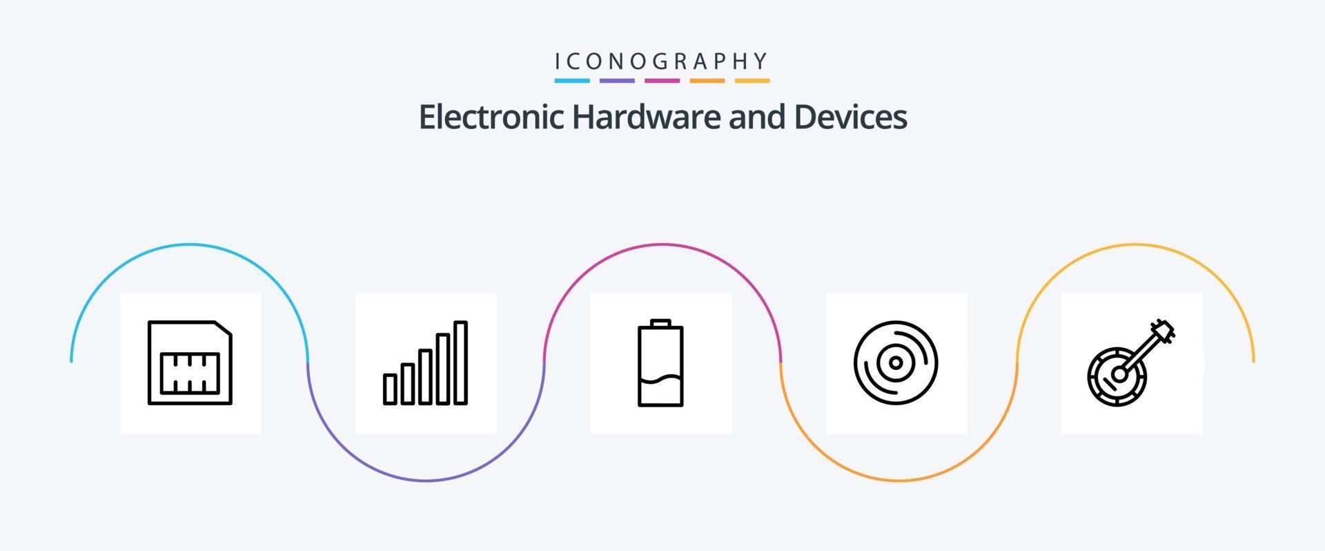 Dispositivos linha 5 pacote de ícones incluindo música. banjo. eletricidade. áudio. dj vetor