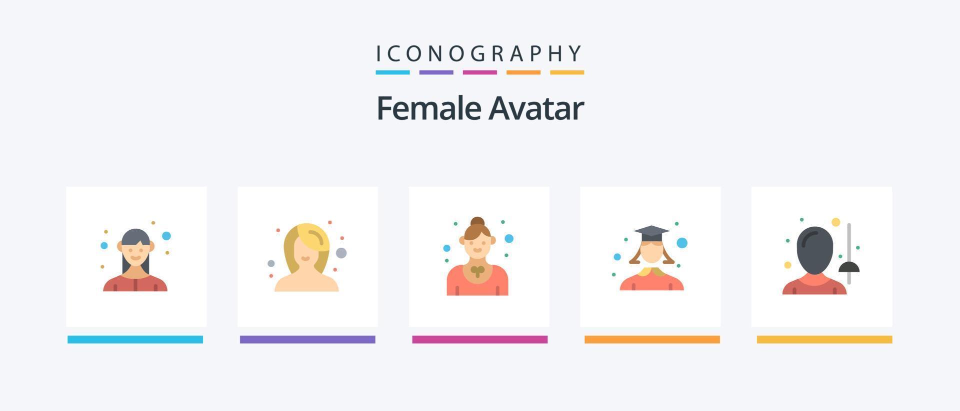 avatar feminino flat 5 icon pack incluindo feminino. estudante. refeições. graduação. garçonete. design de ícones criativos vetor