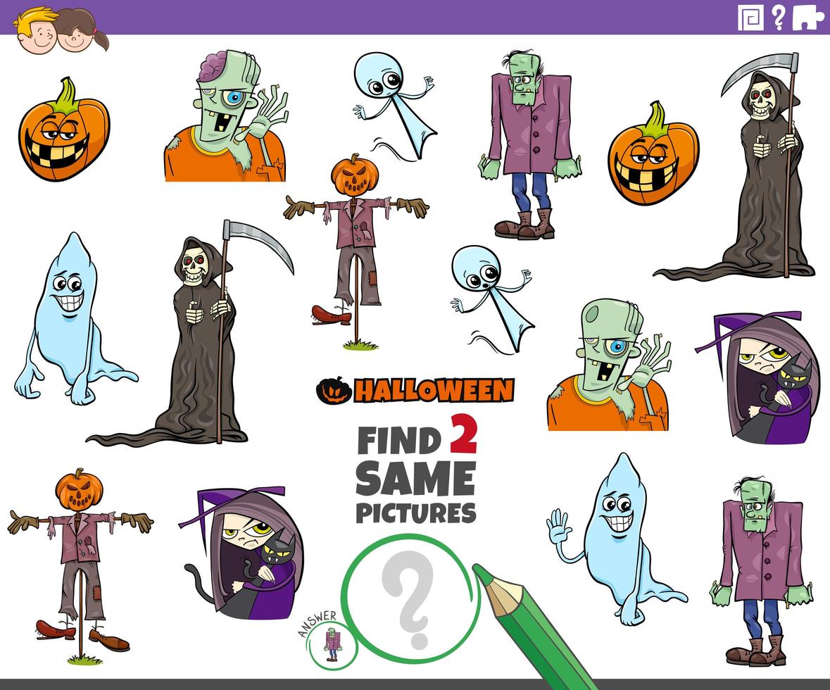 encontrar dois mesmos personagens de halloween - tarefa educacional vetor