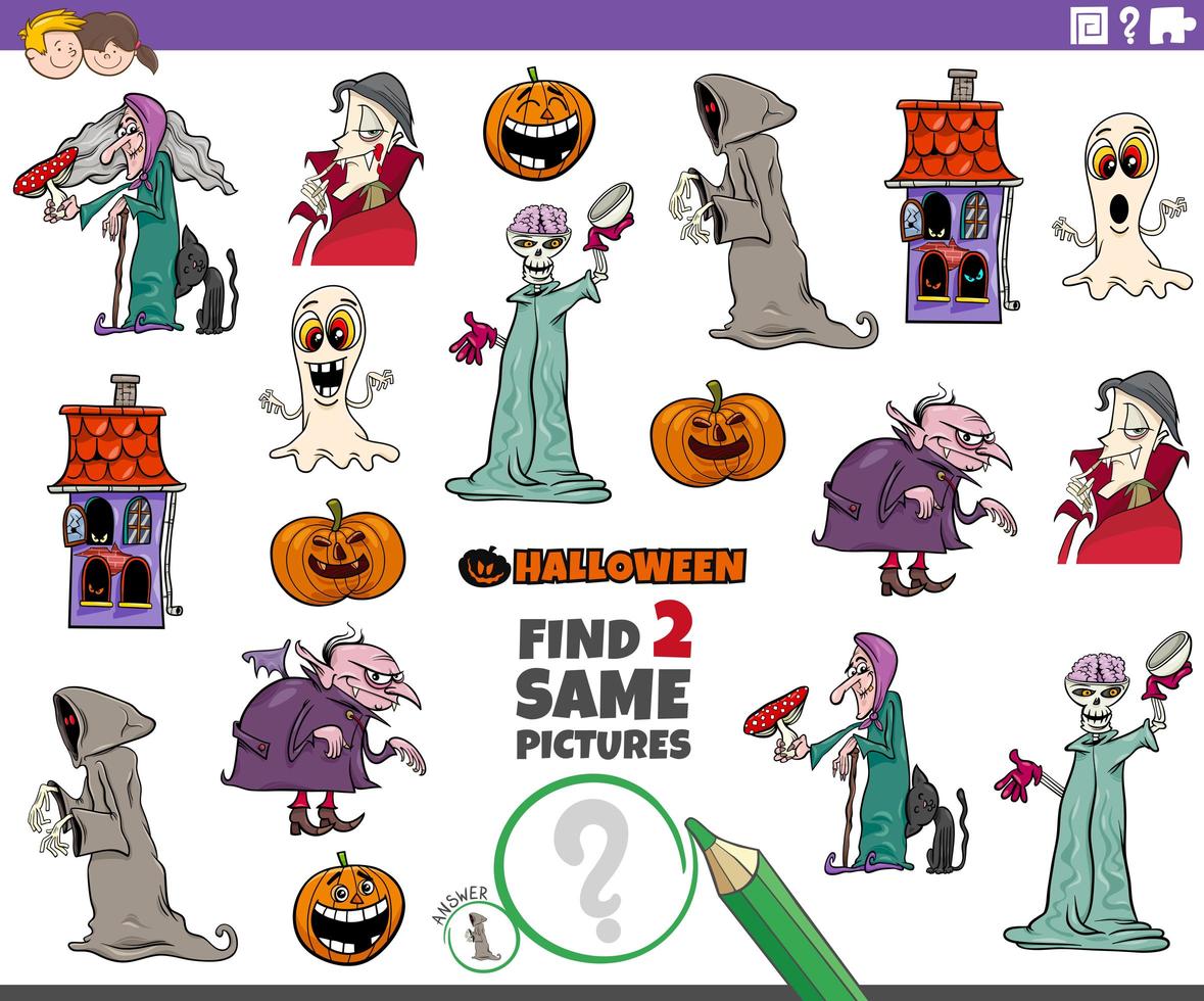 encontrar dois mesmos personagens de halloween - tarefa educacional para crianças vetor