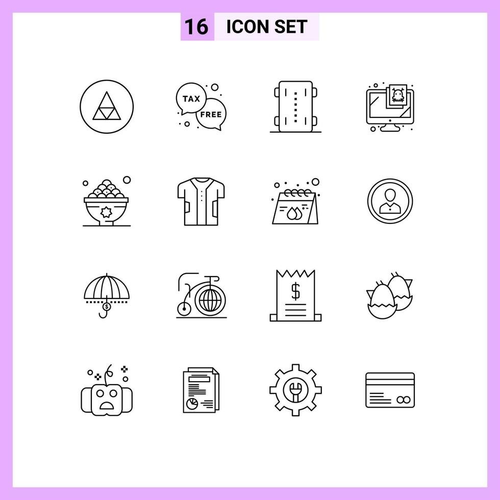 conjunto de pictogramas de 16 contornos simples de segurança, dinheiro, skate, esporte, vetores editáveis, elementos de design