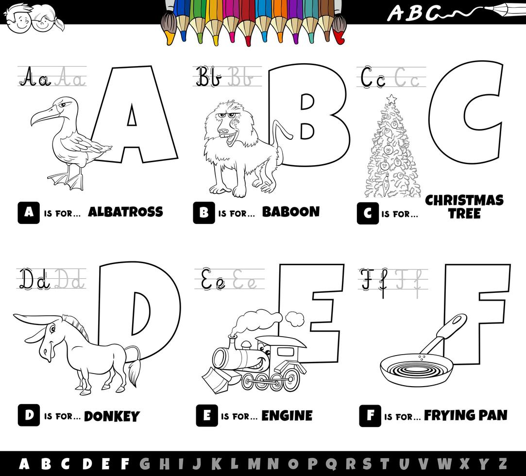 letras do alfabeto educacional de desenho animado definido de a a f livro para colorir vetor