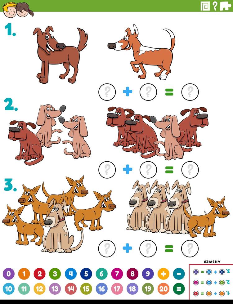 tarefa educacional de adição matemática com personagens de cães vetor