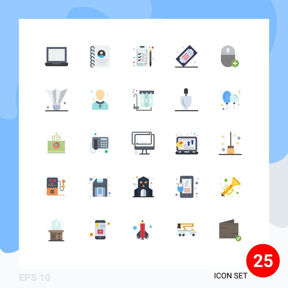 conjunto de pictogramas de 25 cores planas simples de dispositivos adicionam ingressos de negócios ingressos de cinema elementos de design vetorial editáveis vetor