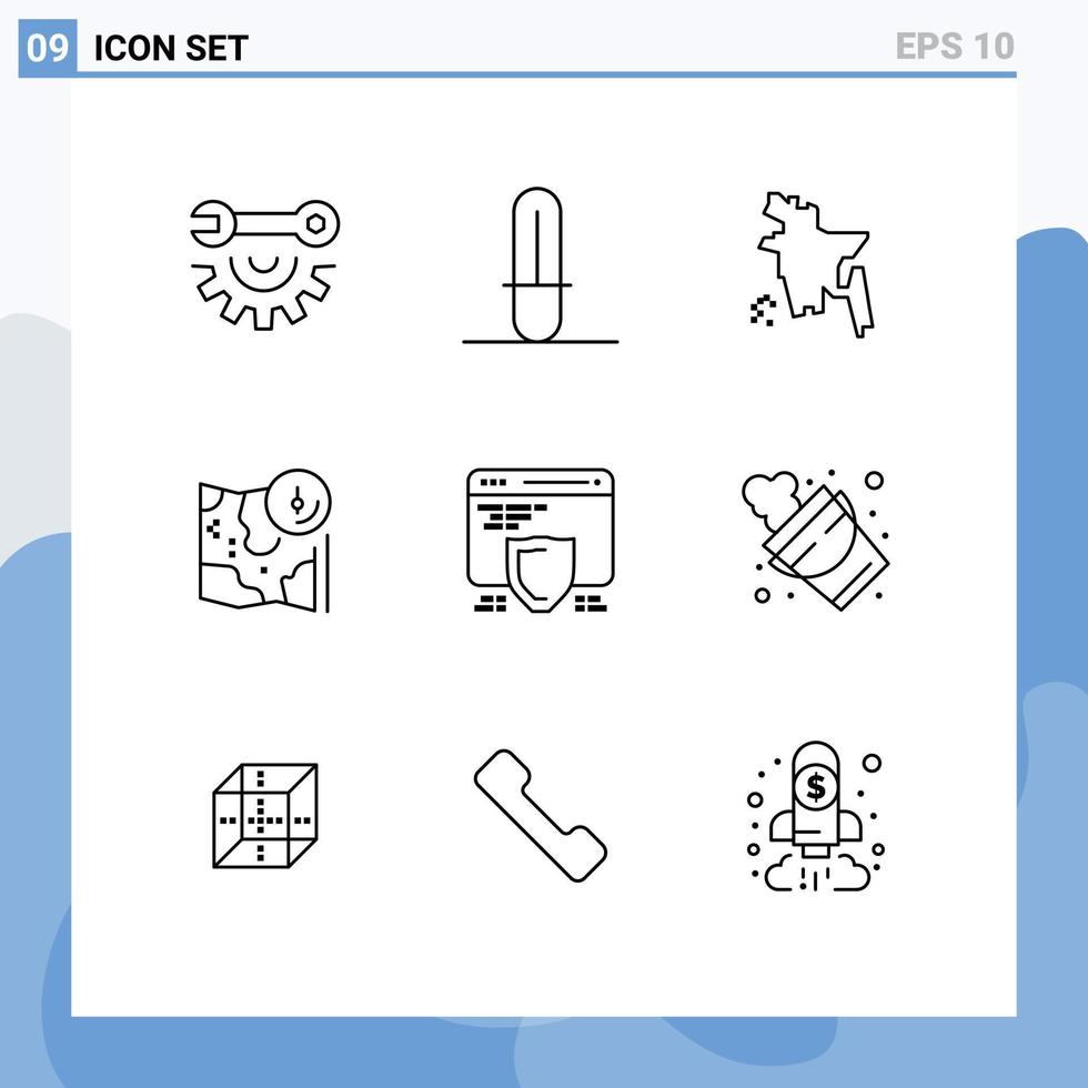 grupo de 9 contornos modernos definidos para proteção de escudo localização do país bangladesh gps elementos de design de vetores editáveis