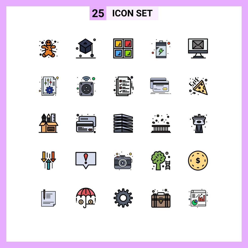 Pacote de cores planas de linha preenchida de 25 interfaces de usuário de sinais e símbolos modernos de construção de e-mail de documento compõe elementos de design de vetores editáveis de carga