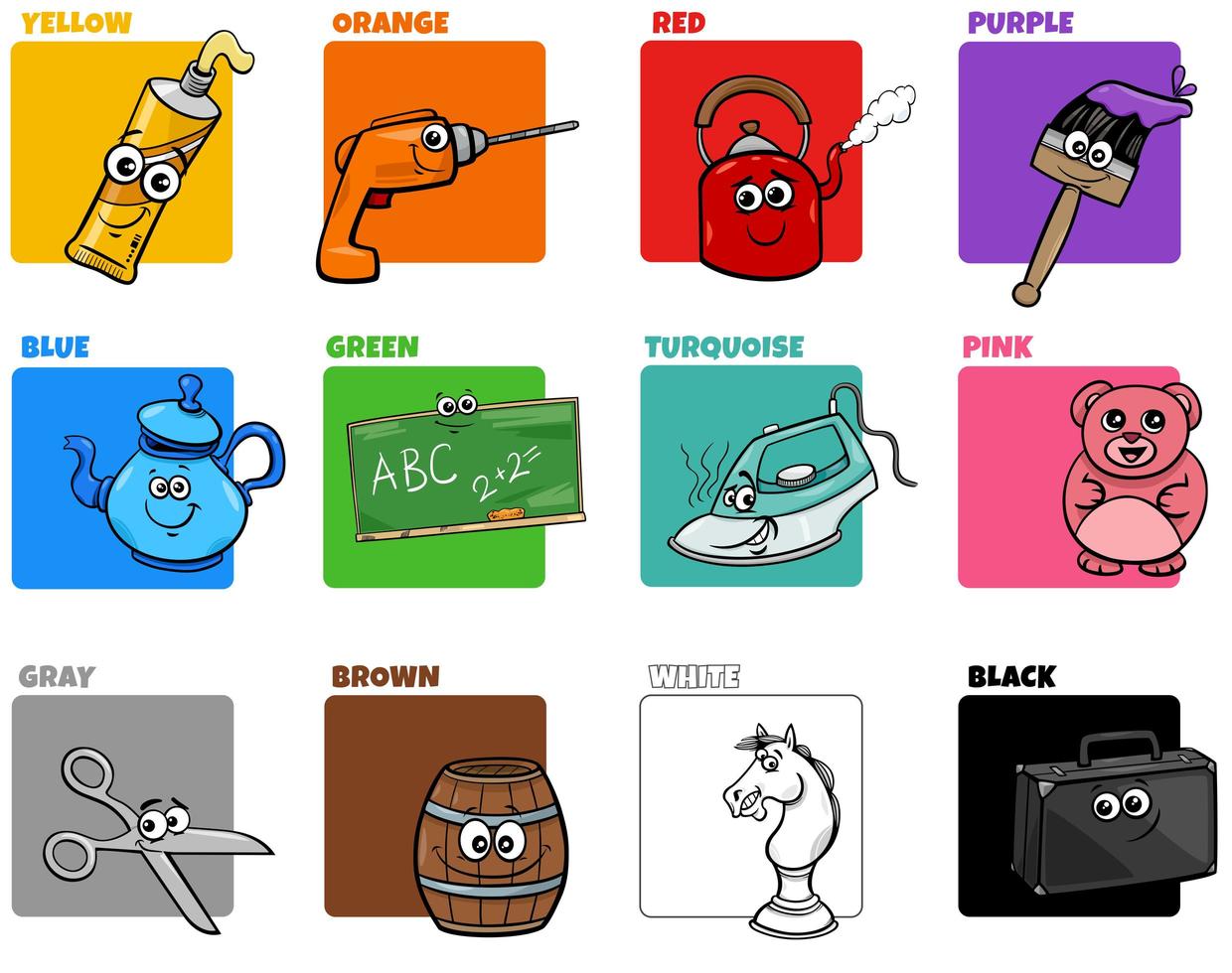 cores básicas definidas com personagens de objetos engraçados vetor