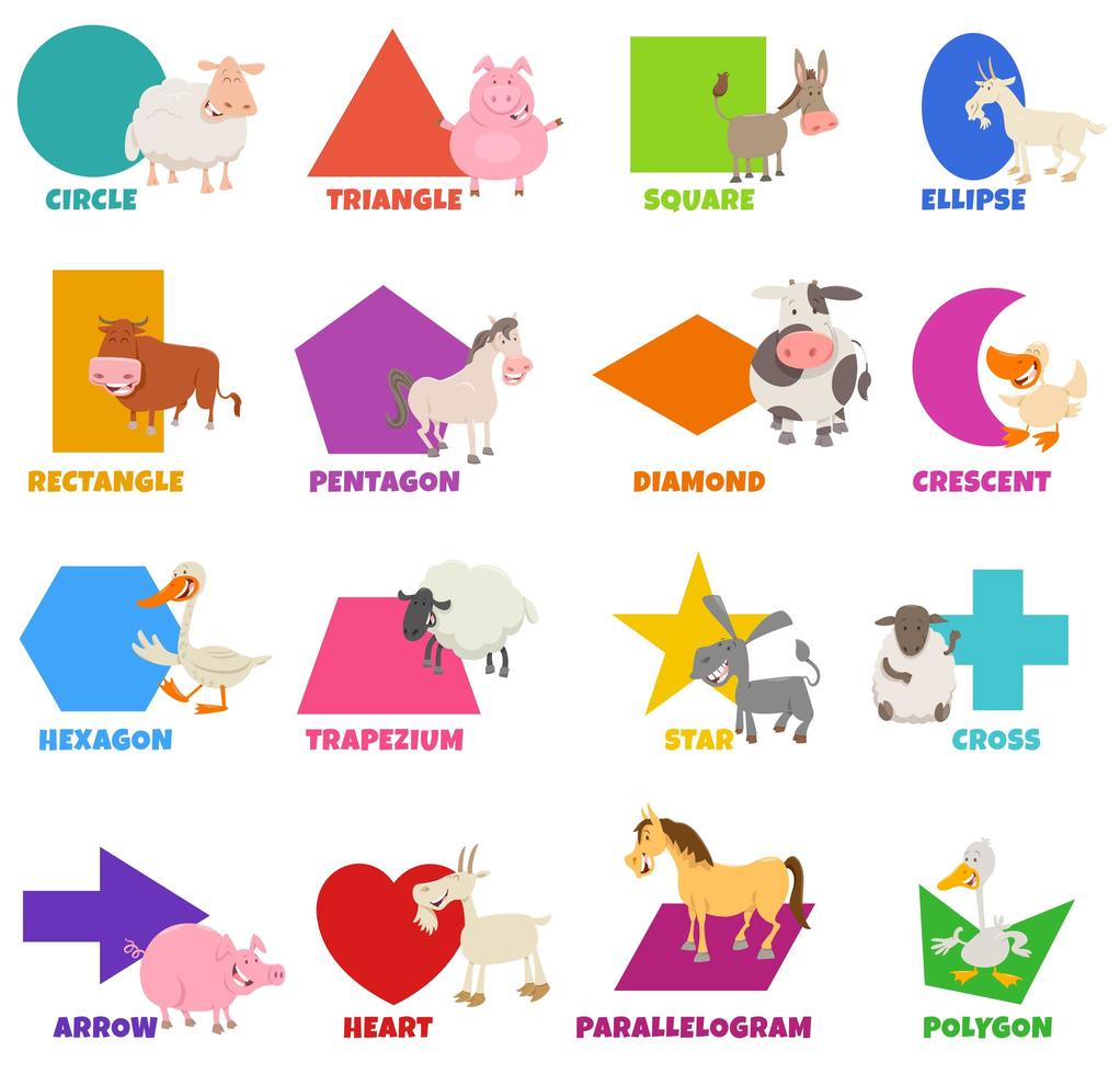 formas geométricas básicas com animais da fazenda vetor