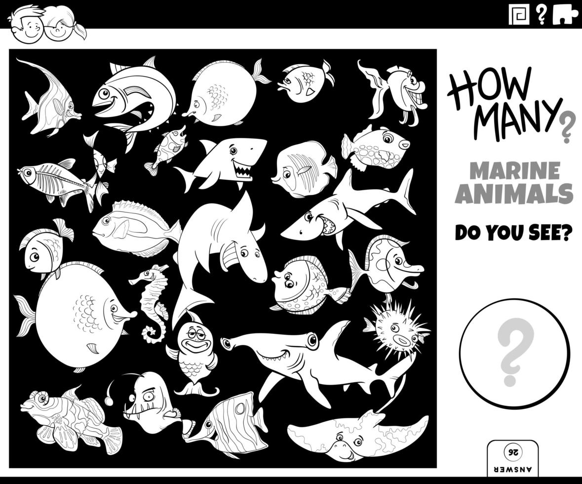 contando animais marinhos jogo educativo para colorir página vetor