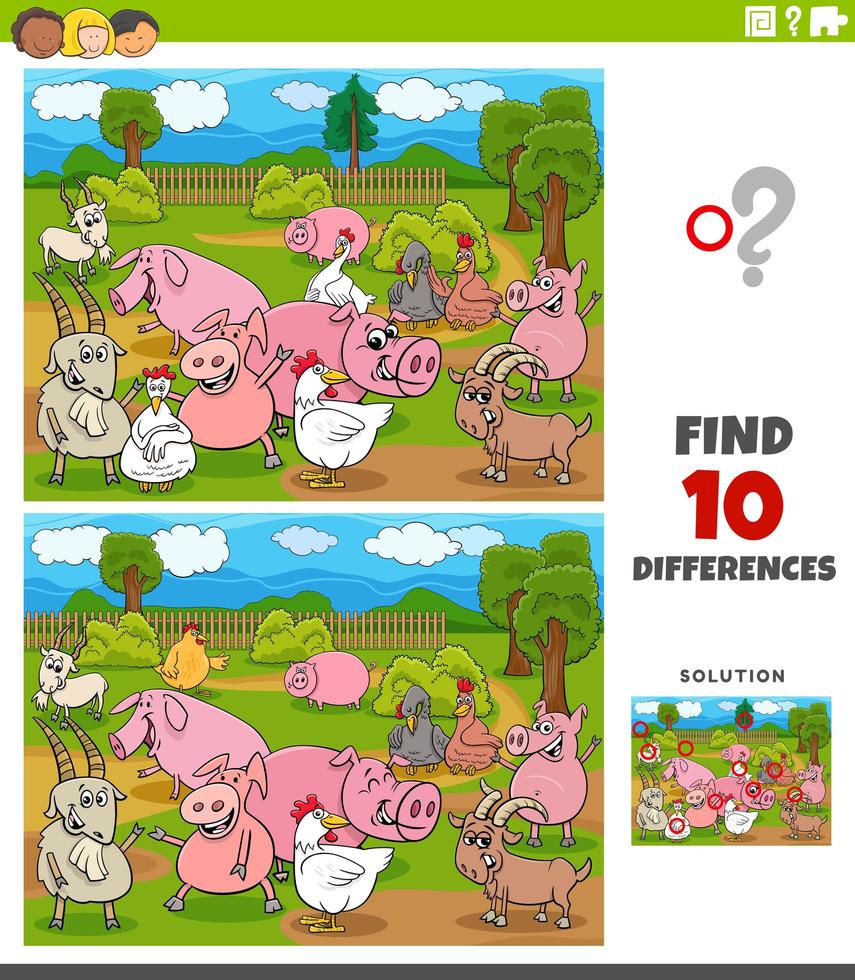diferenças jogo educacional com personagens de animais de fazenda vetor