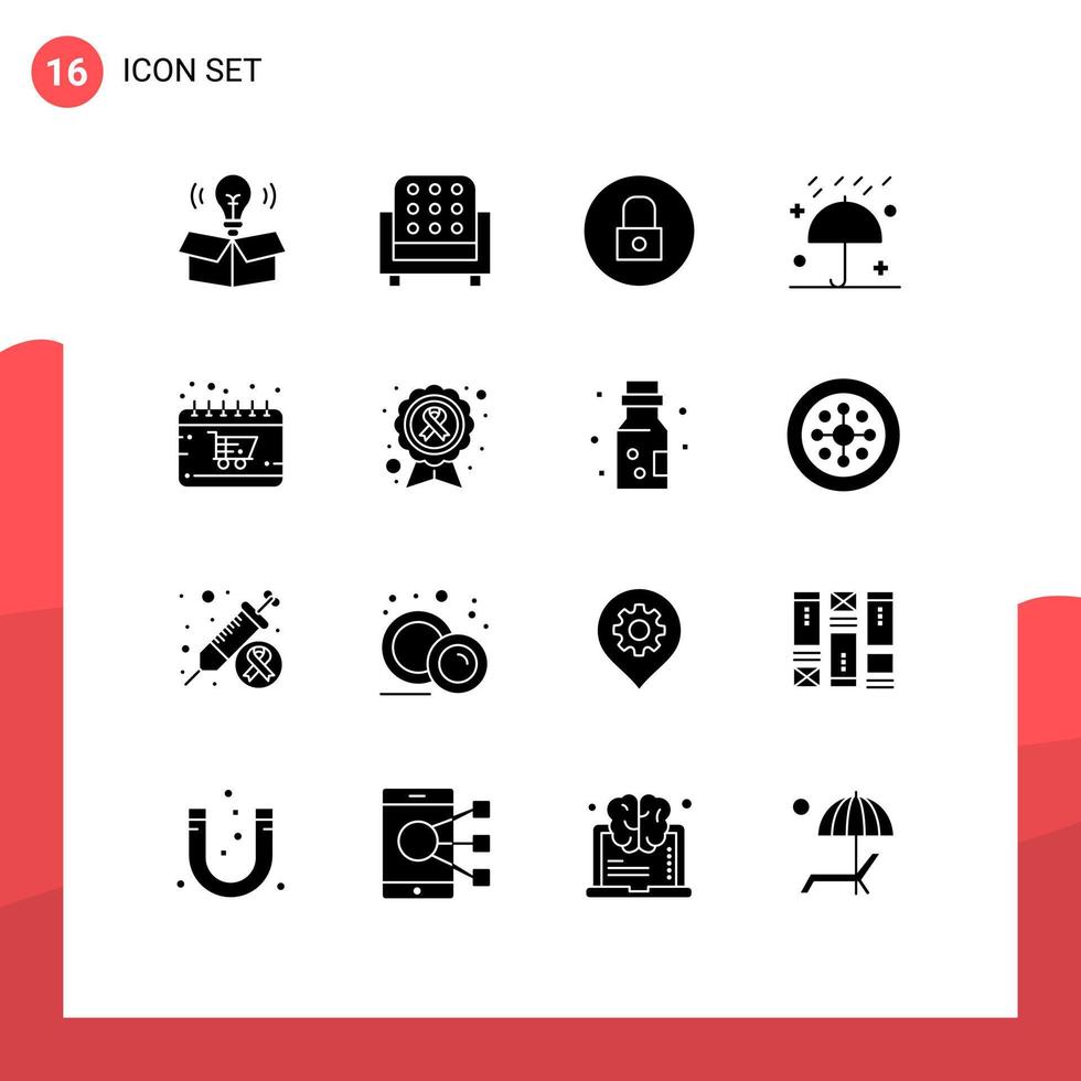 pacote de interface do usuário de 16 glifos sólidos básicos de bloqueio de guarda-chuva de calendário elementos de design de vetores editáveis de outono de ação de graças