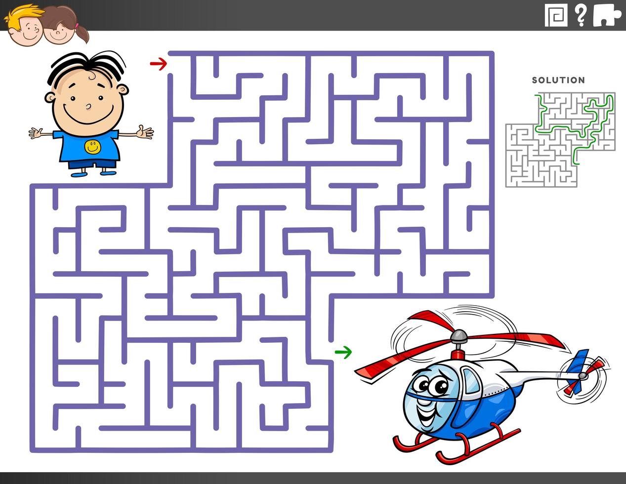 jogo educacional de labirinto com helicóptero de menino e brinquedo vetor