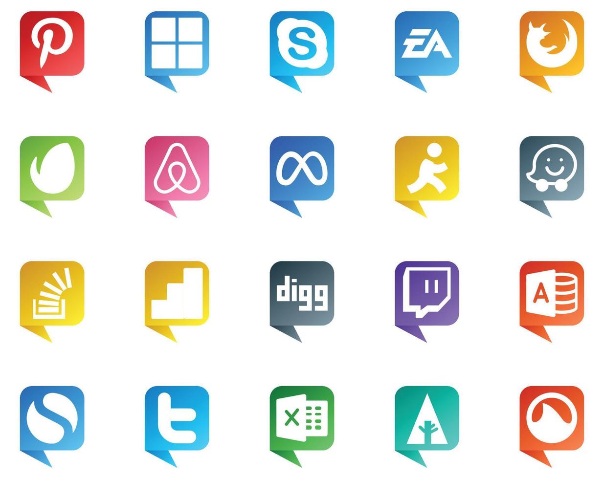 20 logotipo de estilo de bolha de fala de mídia social como navegador stockoverflow waze facebook vetor