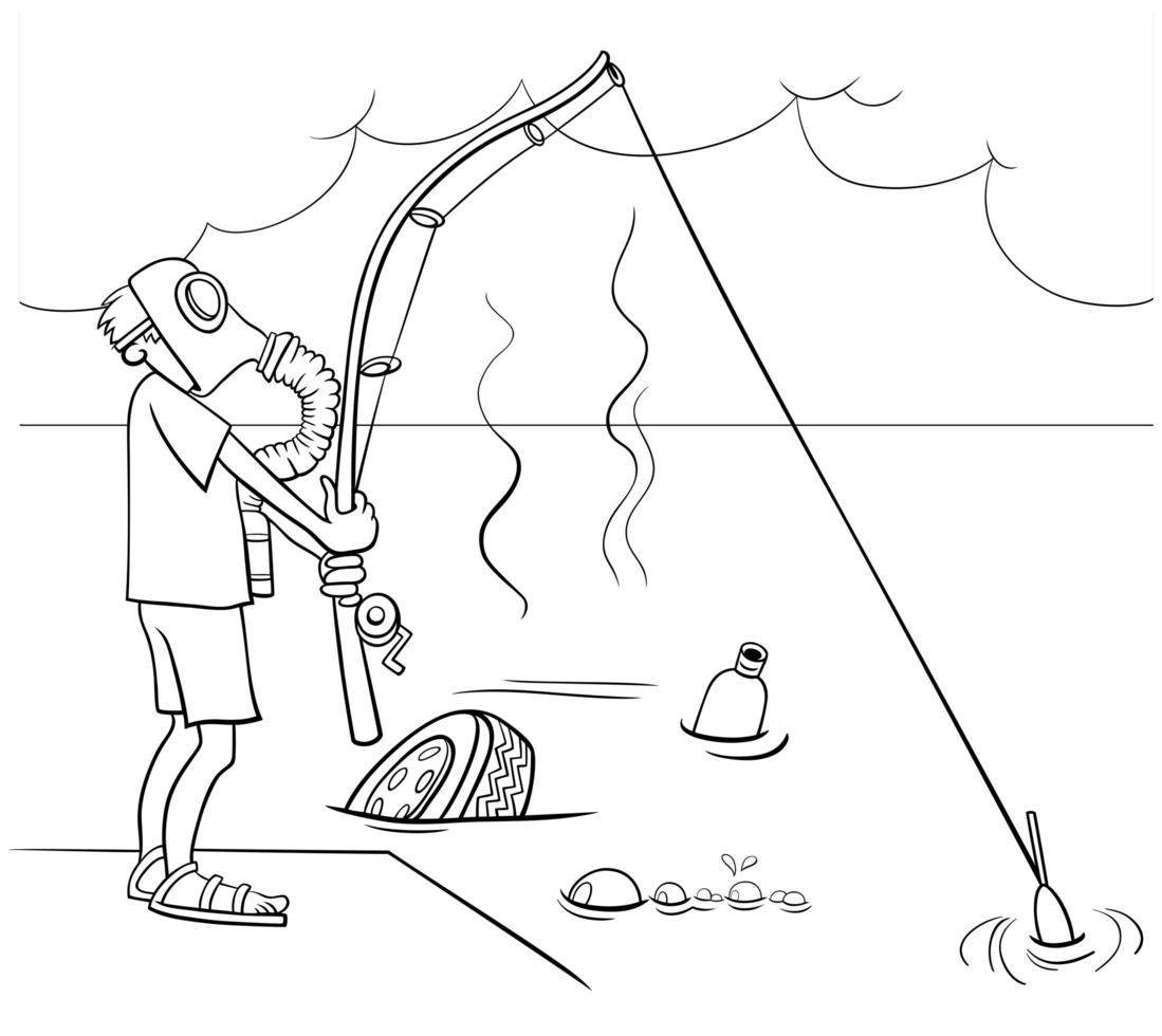 desenho animado pescando na página do livro para colorir de esgoto vetor