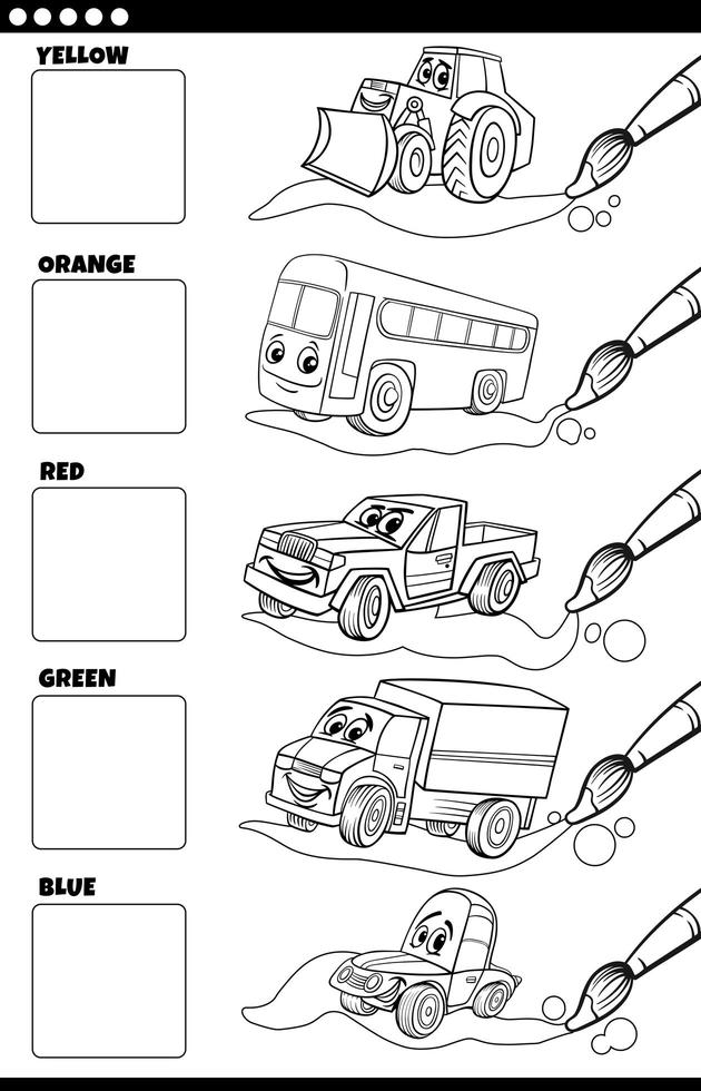 cores básicas com veículos de desenho animado para colorir página vetor