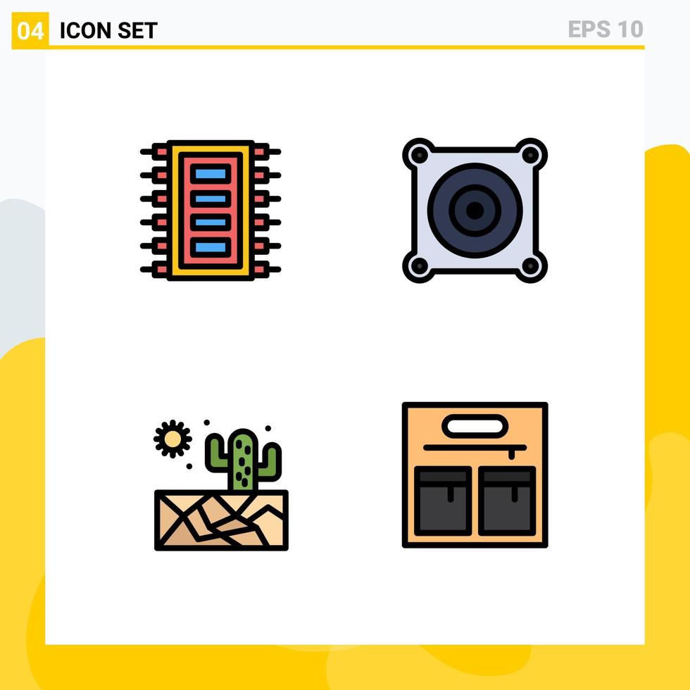 conjunto de cores planas de linha preenchida de interface móvel de 4 pictogramas de elementos de design de vetores editáveis de bolsa de motor de computador tech sun