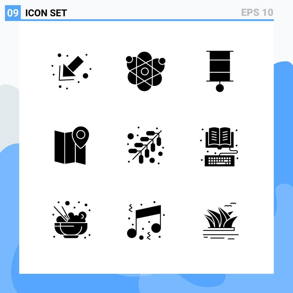 conjunto de 9 pacotes de glifos sólidos comerciais para elementos de design de vetores editáveis de mapa infantil de fogo de trabalho