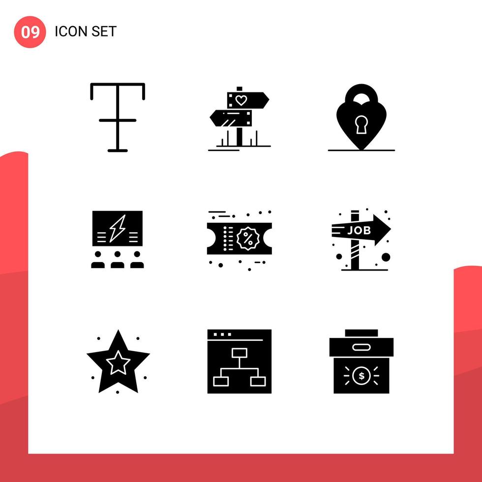 pacote de linha vetorial editável de 9 glifos sólidos simples de desconto, pense na ideia de equipe de amor elementos de design vetorial editáveis vetor