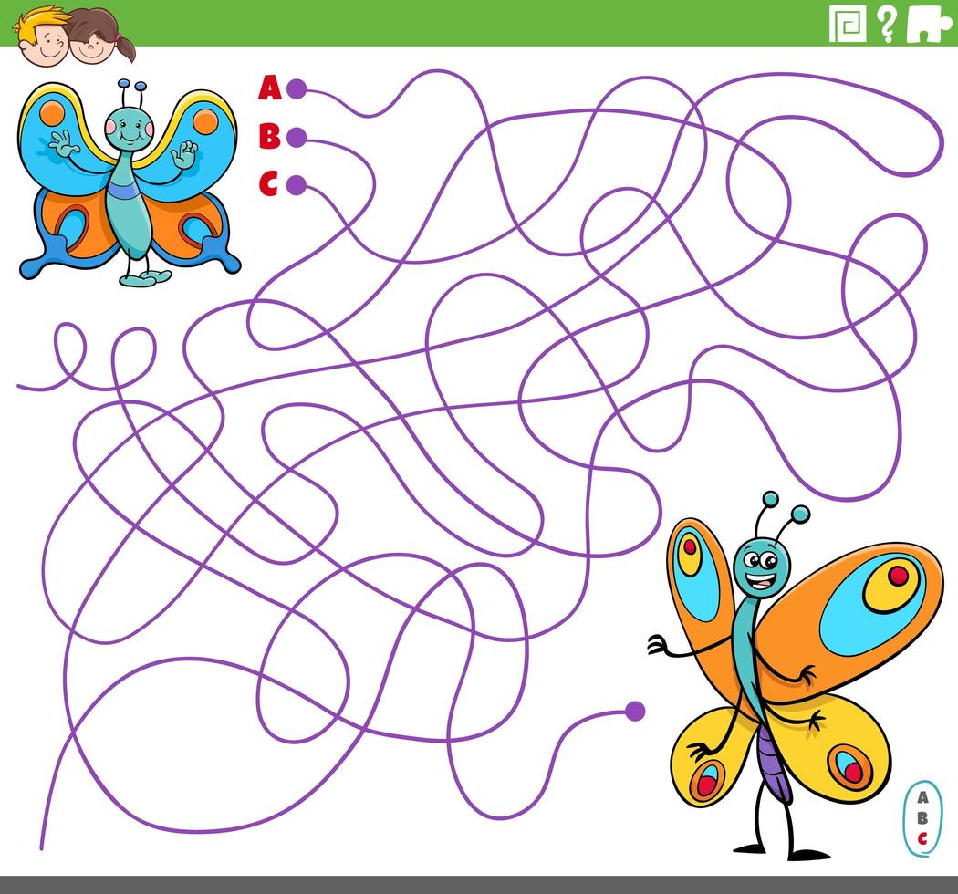 jogo educacional de labirinto com borboletas de desenho animado vetor