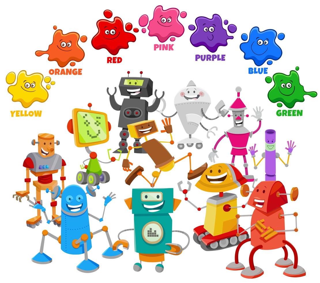 cores básicas para crianças com grupo de personagens de robôs vetor