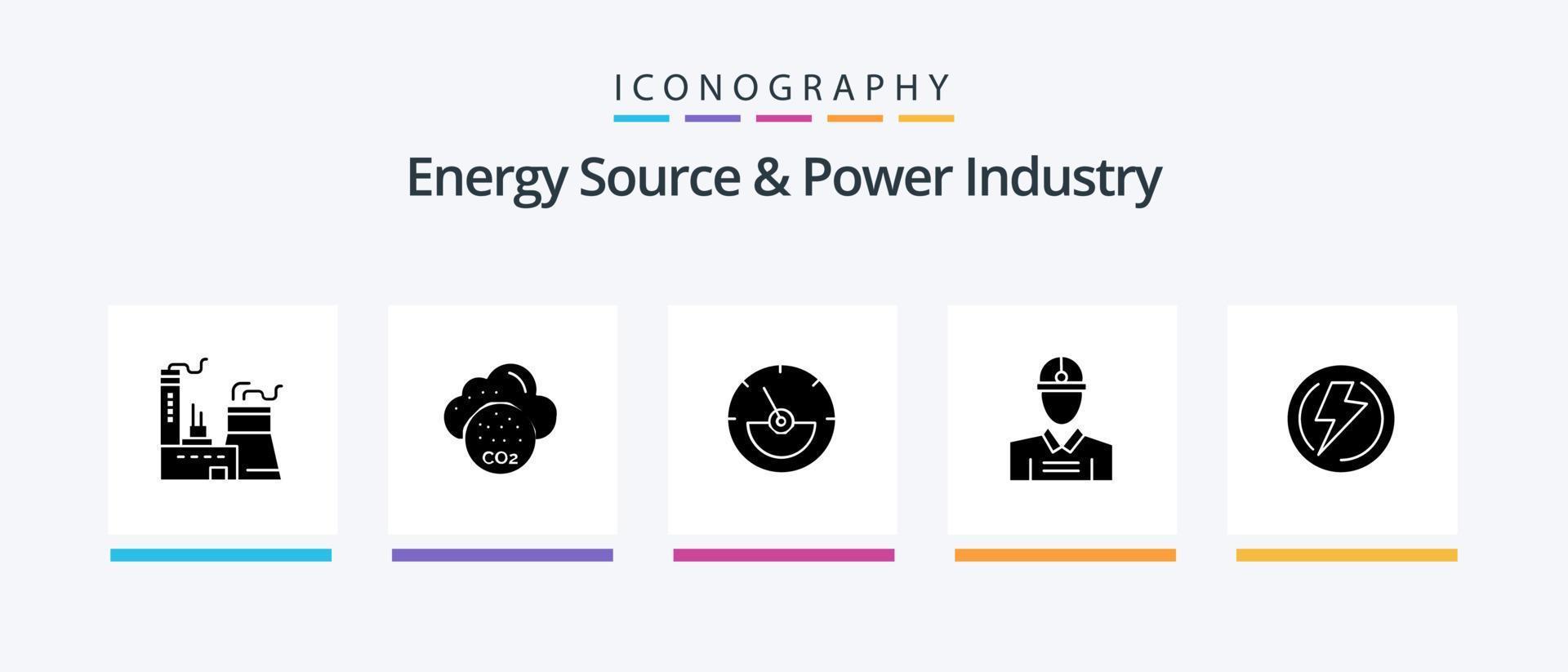 fonte de energia e pacote de ícones do glifo 5 da indústria de energia, incluindo tensão. parafuso. amperímetro. trabalhar. engenheiro. design de ícones criativos vetor