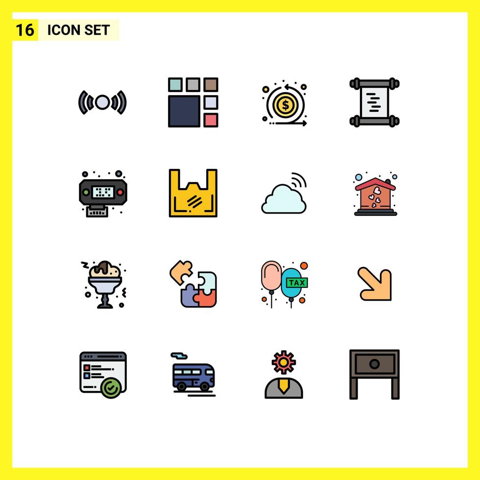 conjunto de linha preenchida de cor plana de interface móvel de 16 pictogramas de log de layout de manuscrito de dados retorna elementos de design de vetor criativo editável