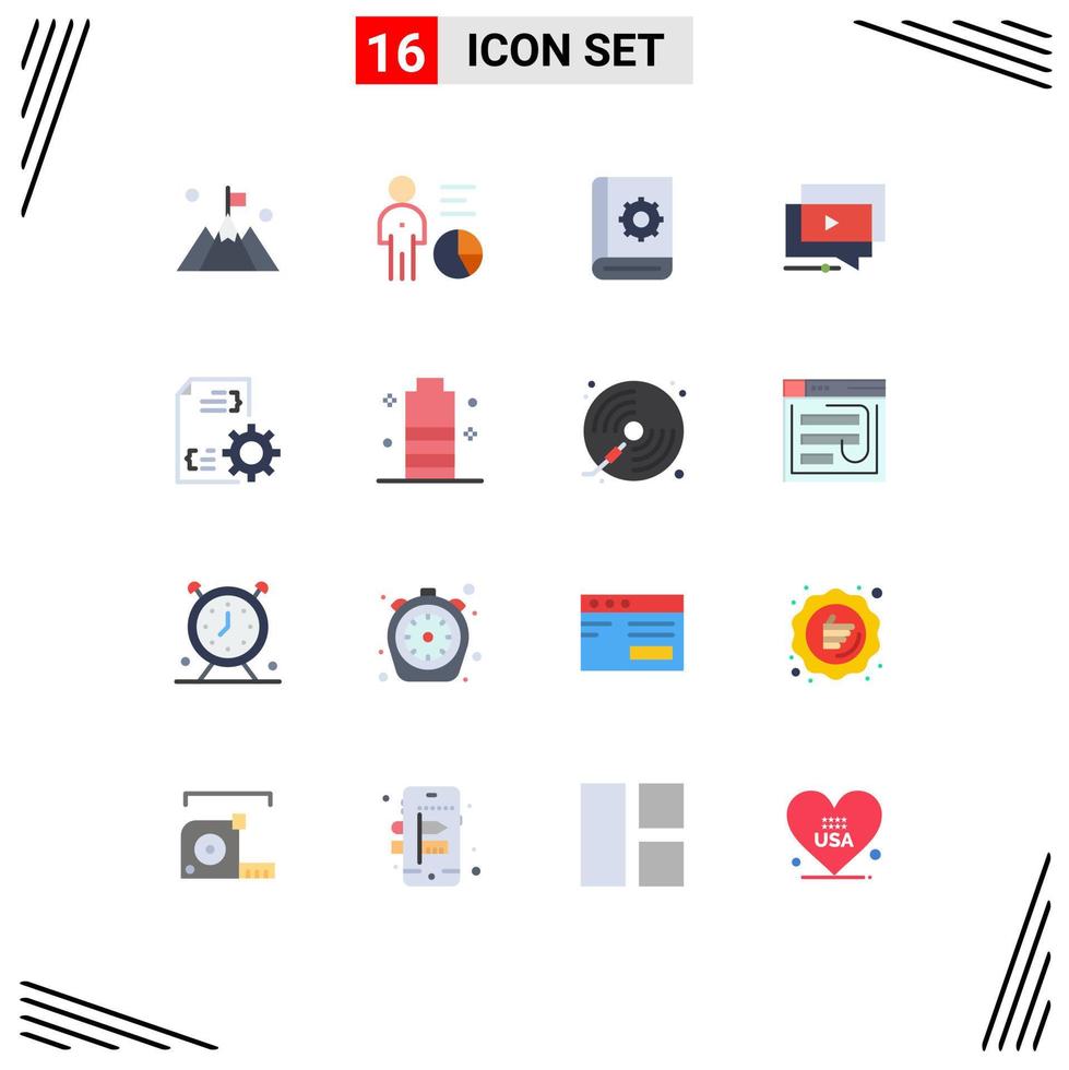 conjunto de cores planas de interface móvel de 16 pictogramas de instruções de reprodução de vídeo do youtube pacote editável de elementos de design de vetores criativos