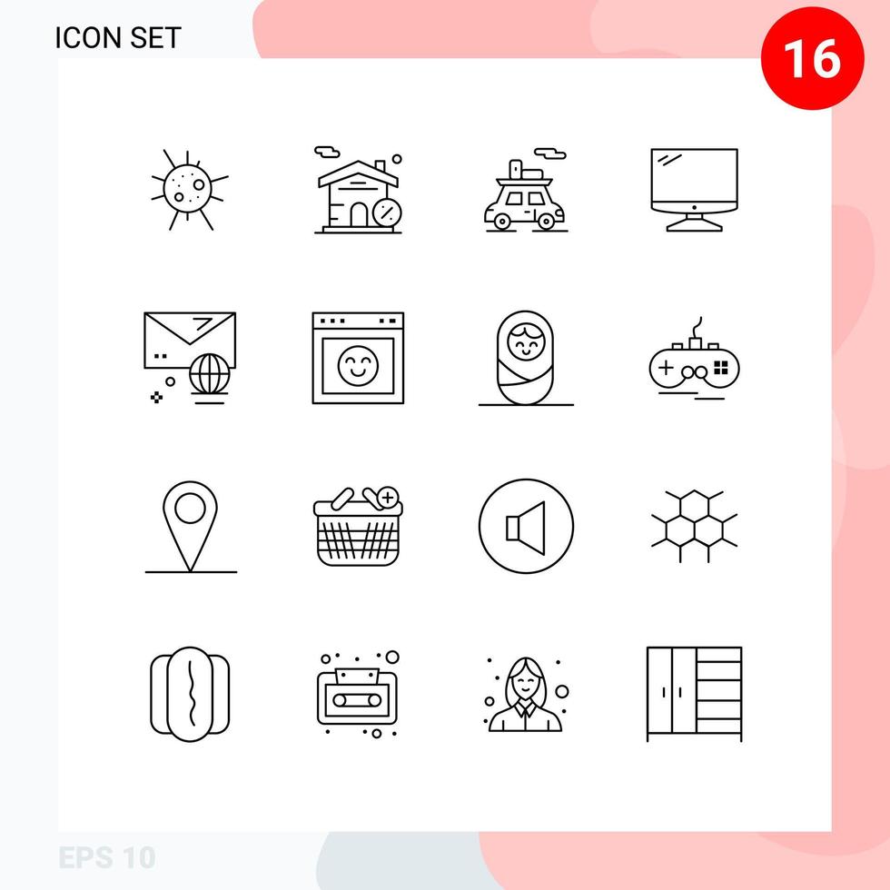 conjunto de 16 sinais de símbolos de ícones de interface do usuário modernos para transporte de conta de internet pc dispositivo elementos de design de vetores editáveis