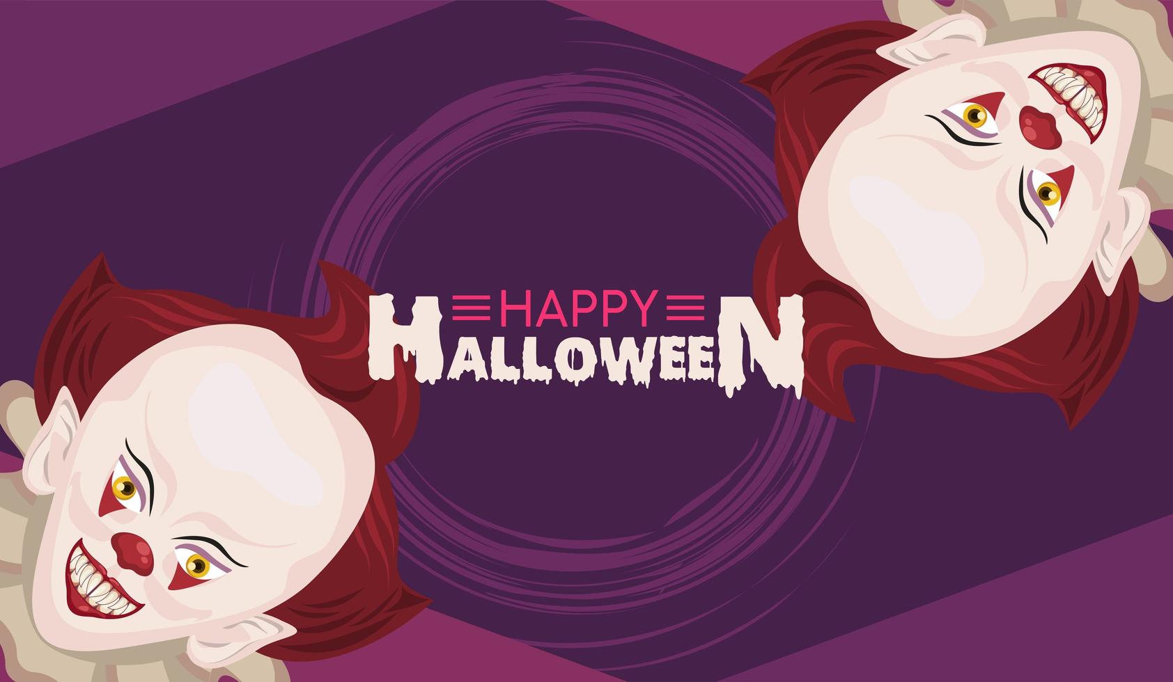 poster feliz celebração do terror do halloween com palhaços e letras vetor