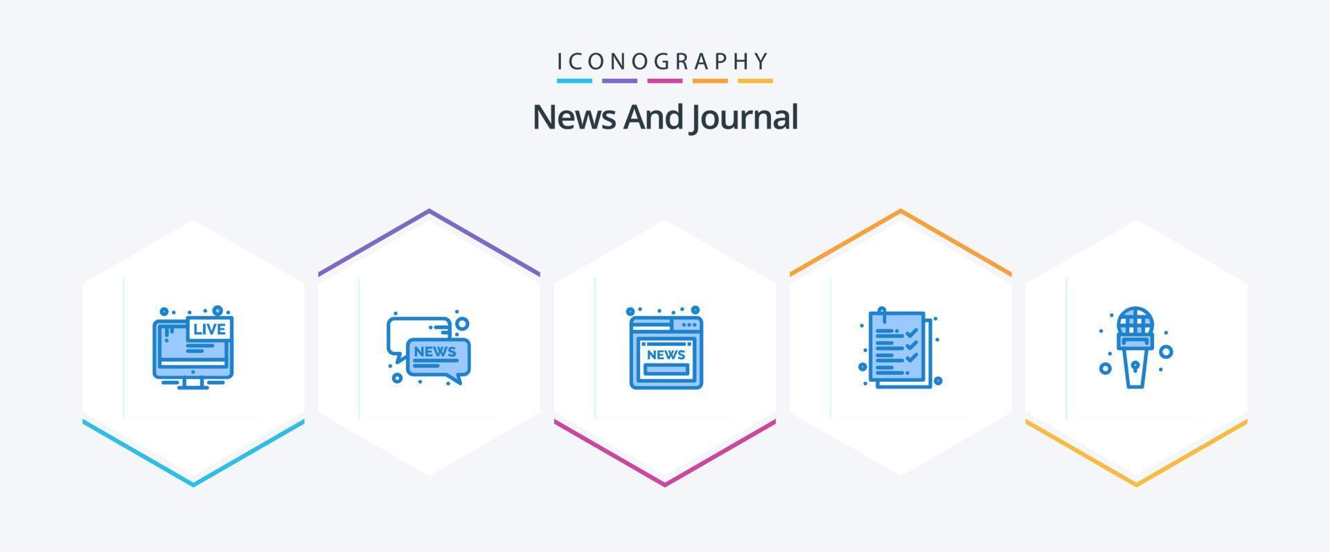 news 25 pacote de ícones azul, incluindo microfone. lista. notícias. prancheta. rede vetor