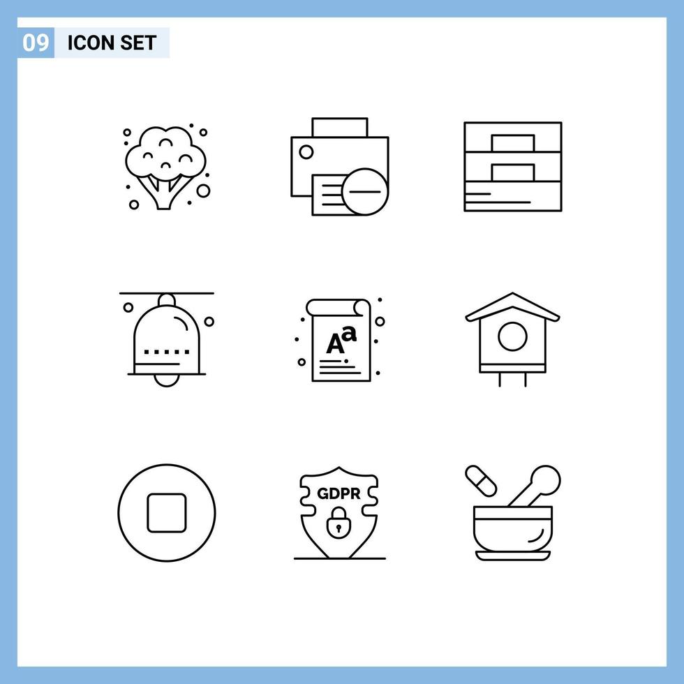 conjunto moderno de 9 contornos e símbolos, como acessórios de notificação de carta, alarme de sino de mão, elementos de design vetorial editáveis vetor