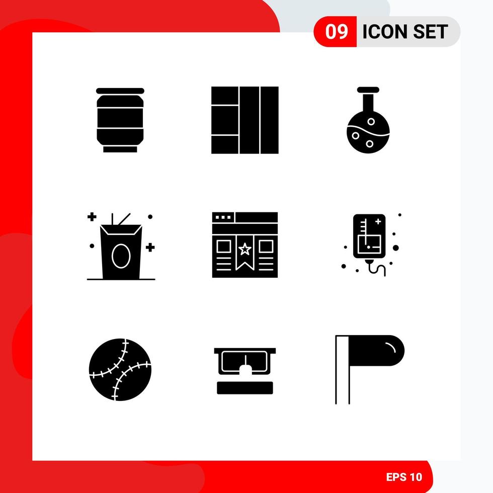 pacote de interface do usuário de 9 glifos sólidos básicos de site de infusão bebida ui marcador de elementos de design vetorial editável vetor
