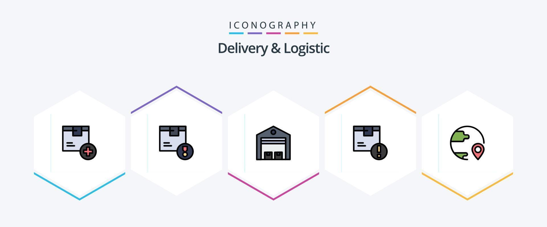 entrega e pacote de ícones logísticos de 25 linhas preenchidas, incluindo entrega. atenção. logística. armazém. envio vetor