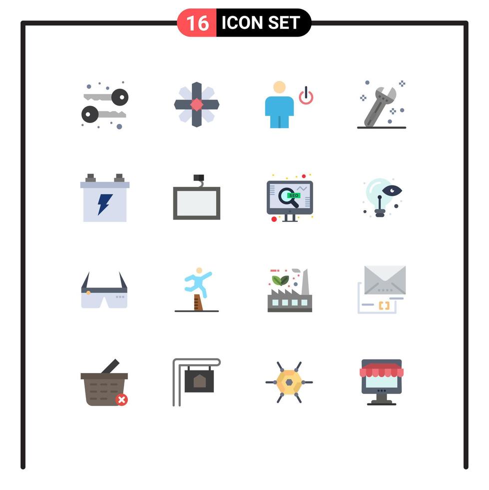 Conceito de 16 cores planas para sites móveis e aplicativos, acumulador elétrico, construção de chave de corpo, pacote editável de elementos de design de vetores criativos