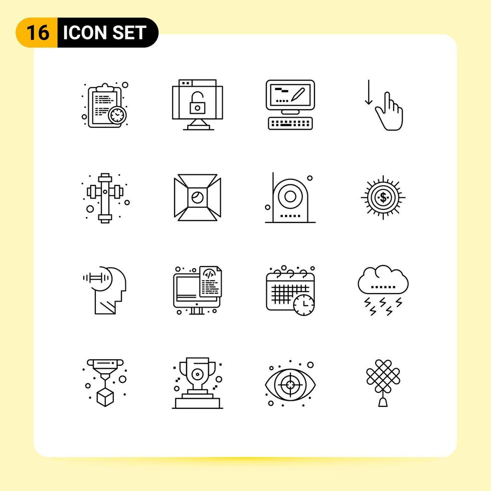 16 ícones criativos, sinais e símbolos modernos de gestos de computador de mão cristão, elementos de design de vetores editáveis de dedo