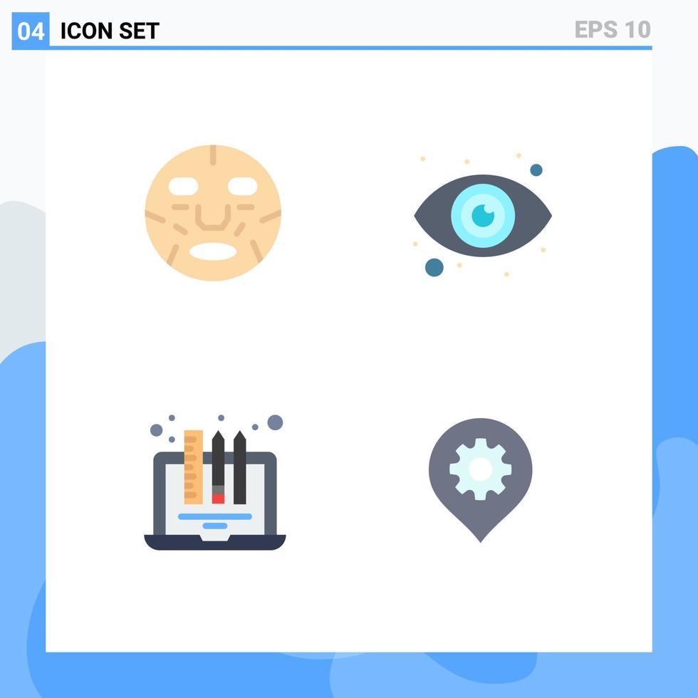 4 pacote de ícones planos de interface de usuário de sinais e símbolos modernos de máscara de dispositivo de beleza, globo ocular, laptop, elementos de design de vetores editáveis
