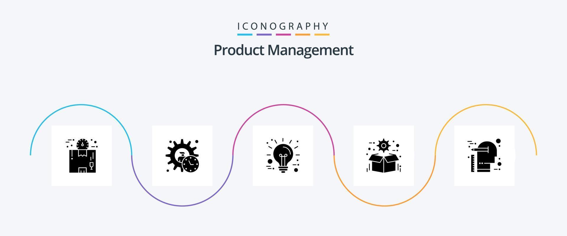 pacote de ícones do glifo 5 de gerenciamento de produtos, incluindo pacote. engrenagem. produtos. caixa. inovação vetor