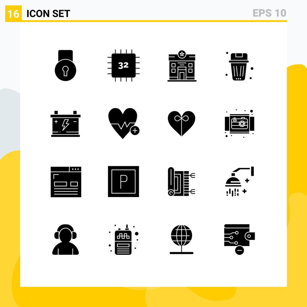 pacote de interface do usuário com 16 glifos sólidos básicos de hardware de exclusão de lixo, elementos de design de vetores editáveis