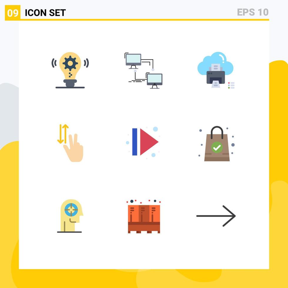 9 pacote de cores planas de interface de usuário de sinais e símbolos modernos de gestos para cima, impressora de dedo de computador, elementos de design de vetores editáveis
