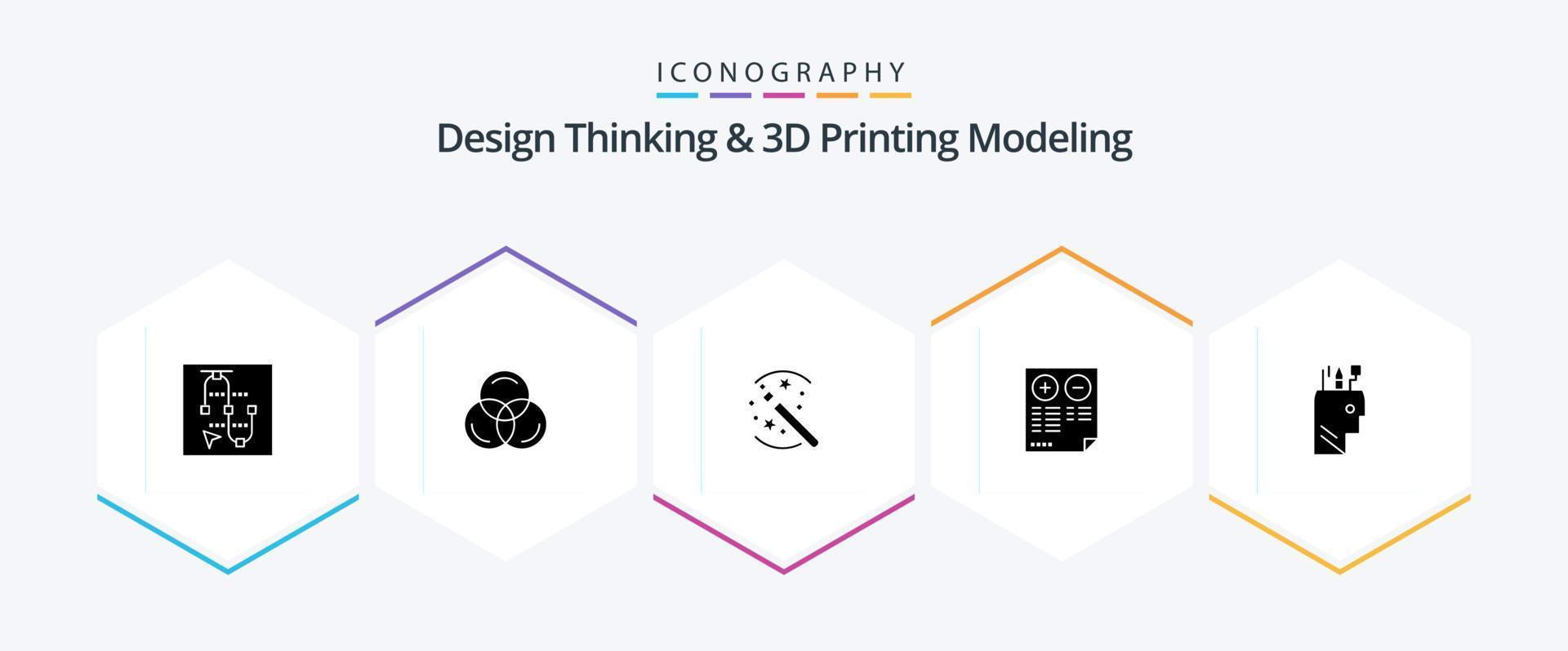 design thinking e modelagem de impressão d pacote de ícones de 25 glifos, incluindo educação. mais. truques. documento. prós vetor