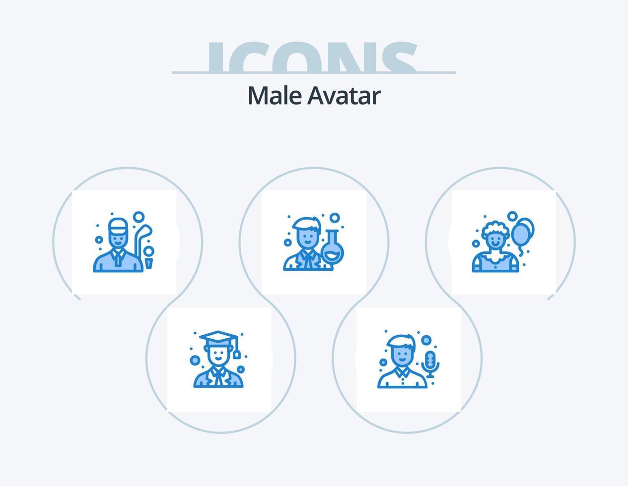 avatar masculino azul icon pack 5 design de ícone. palhaço. circo. jogador de golfe. cientista. avatar vetor