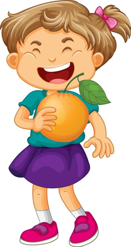 uma garota segurando um personagem de desenho animado de fruta laranja isolado no fundo branco vetor