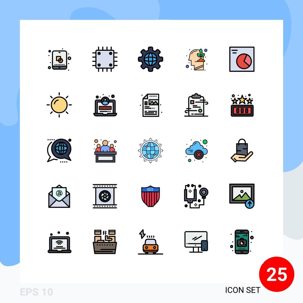 pacote de 25 cores planas de linha cheia criativa de hardware de crescimento de torta mente elementos de design de vetores editáveis humanos