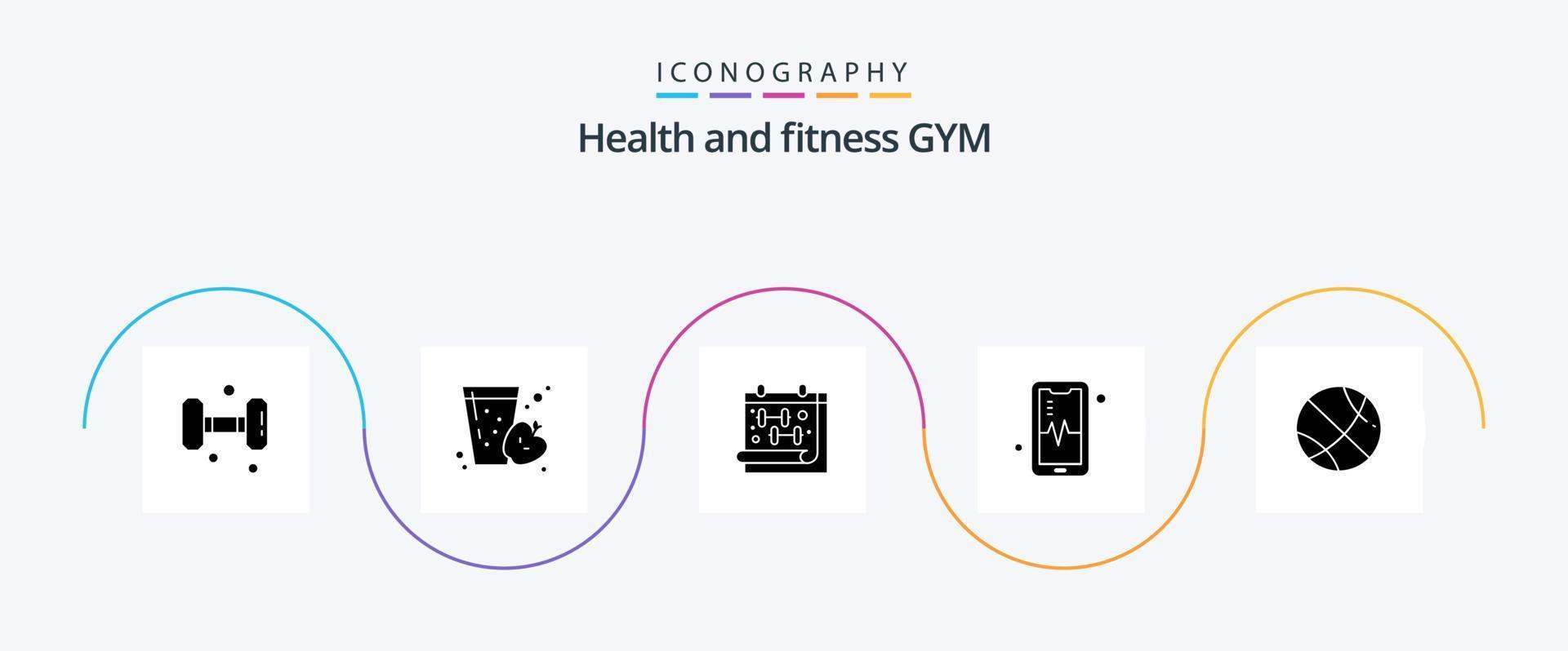 pacote de ícones de glifo de ginástica 5, incluindo bola de basquete. esporte. calendário. bater. telefone vetor