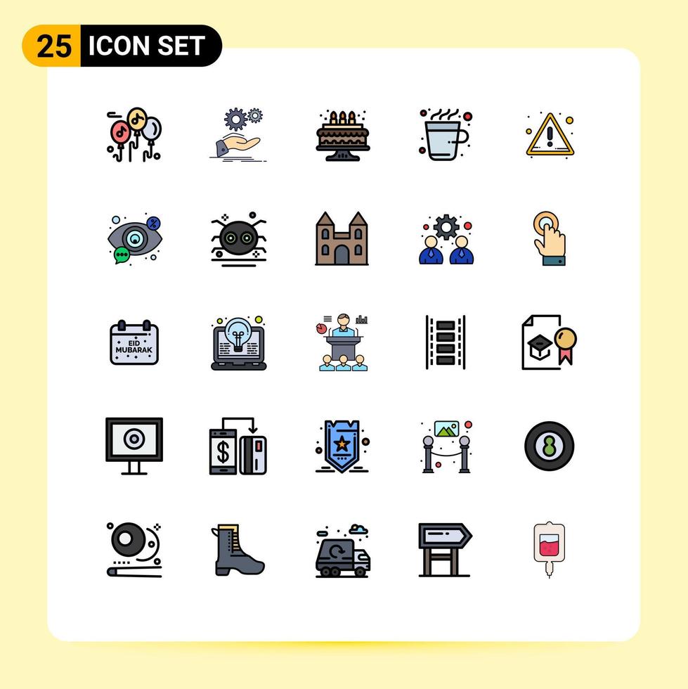 conjunto de pictogramas de 25 cores planas de linha preenchida simples de alerta de alerta de aniversário xícara quente elementos de design vetorial editáveis vetor
