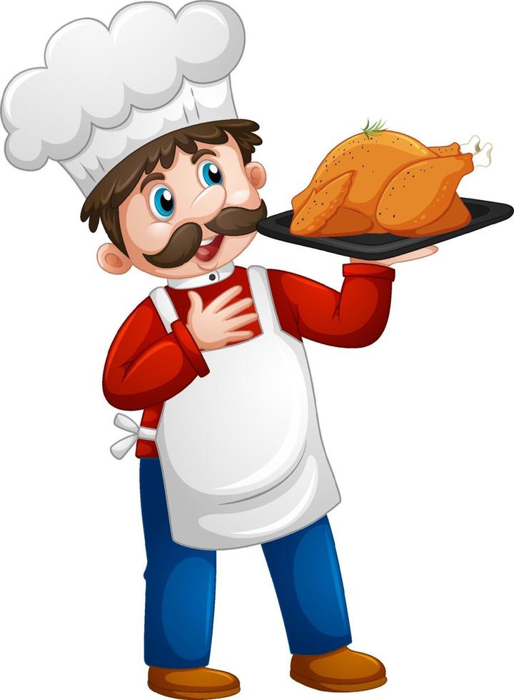 chef man segurando o personagem de desenho animado da bandeja de frango isolado no fundo branco vetor