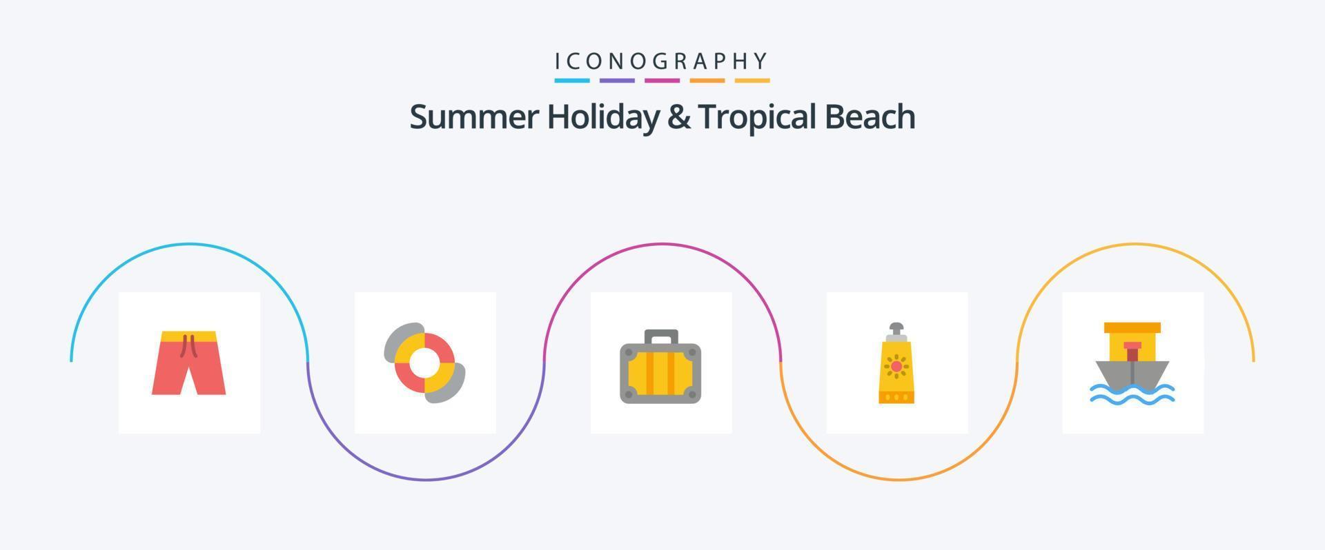pacote de ícones de praia plana 5, incluindo verão. praia. feriado. enviar. protetor solar vetor