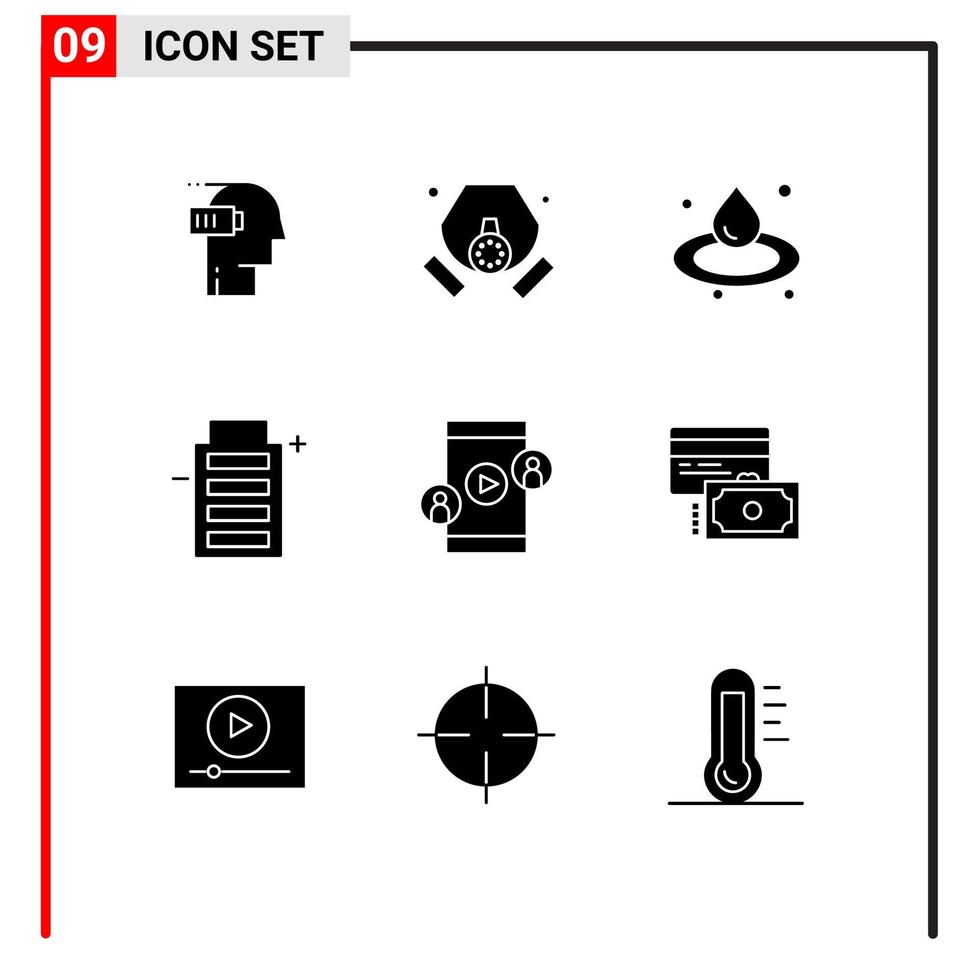 9 sinais de glifos sólidos universais símbolos de ambiente de conferência bateria de resíduos de energia elementos de design de vetores editáveis